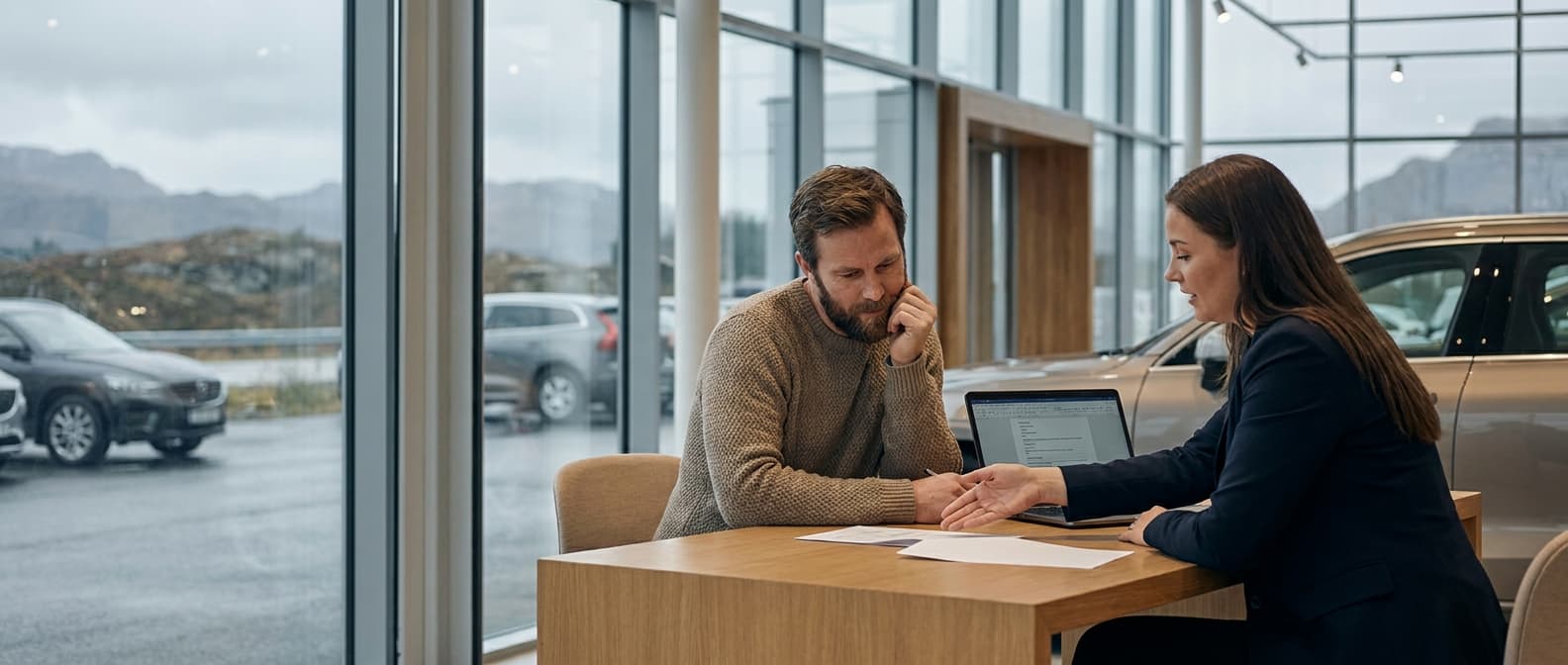Person vurderer billån uten egenkapital hos bilforhandler