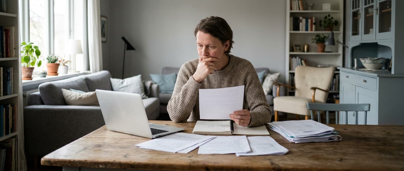 Person som vurderer boliglånsrente med dokumenter og laptop