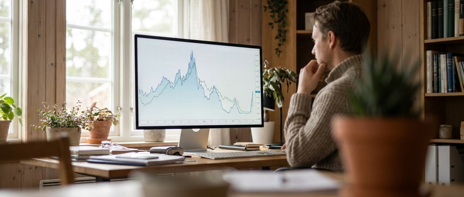 Skjerm med finansgraf som illustrerer rentehistorikk