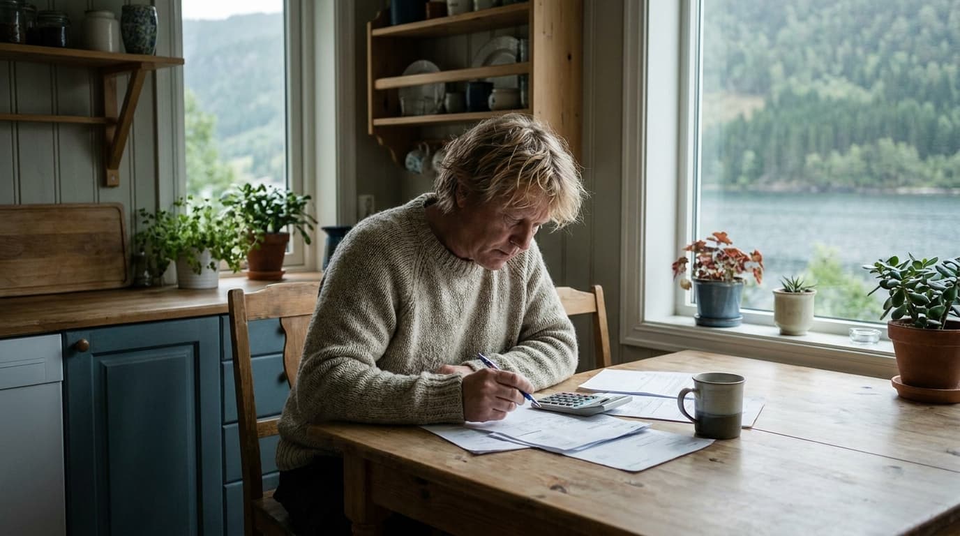 Person som regner på lånebeløp med kalkulator og papirer på kjøkkenbordet