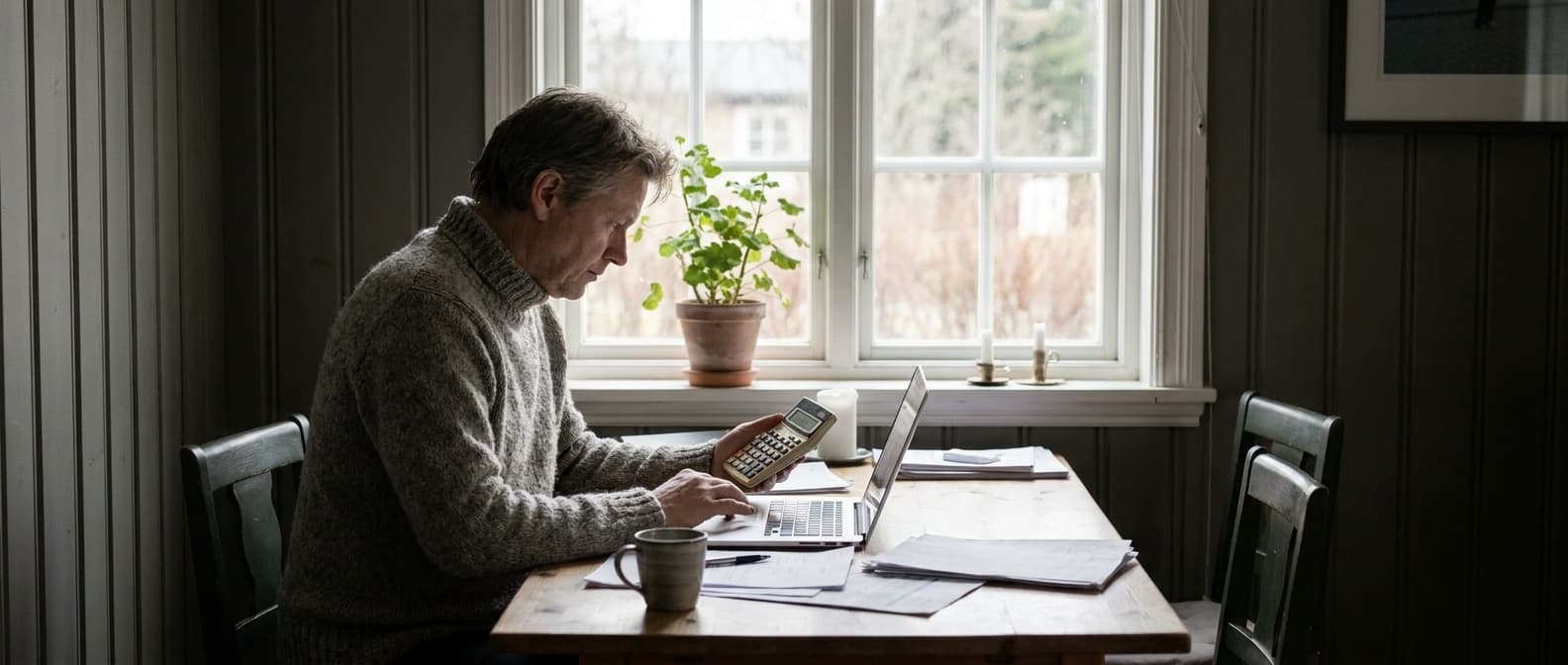 Person som bruker kalkulator og laptop til låneberegning