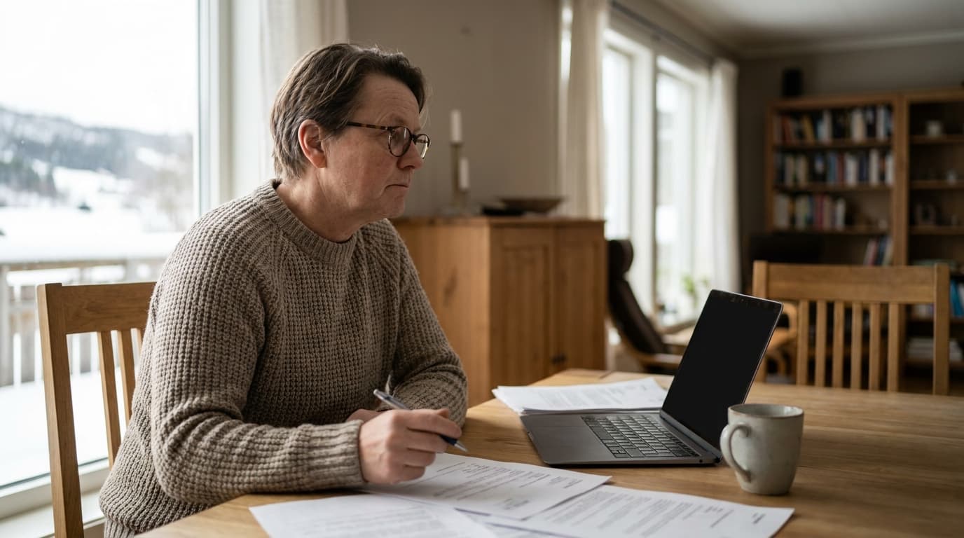 Person som fyller ut lånesøknad på laptop med dokumenter klar