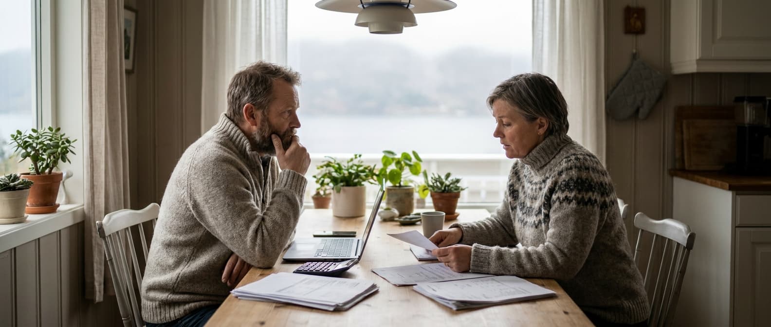 To personer som diskuterer felles lånesøknad ved kjøkkenbordet
