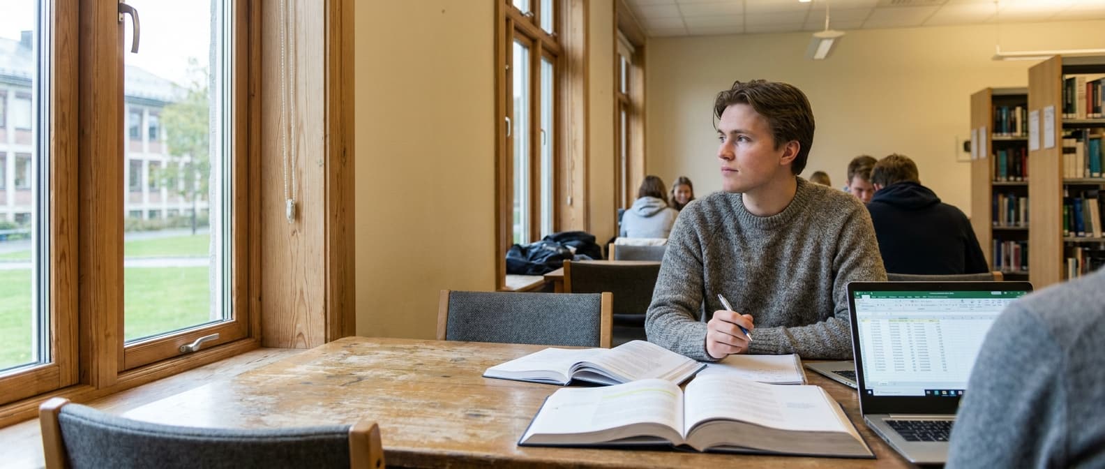 Student som studerer med laptop og bøker på campus