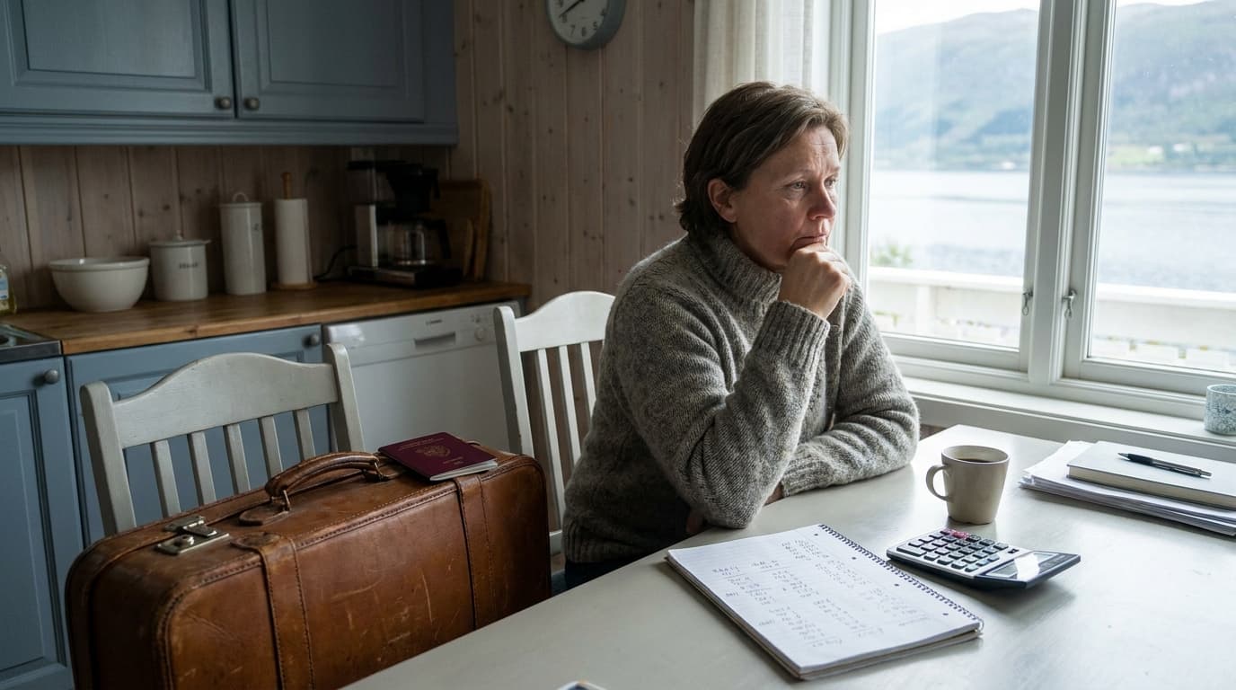 Koffert og pass pakket klart for ferie, med notatblokk og kalkulator ved siden av