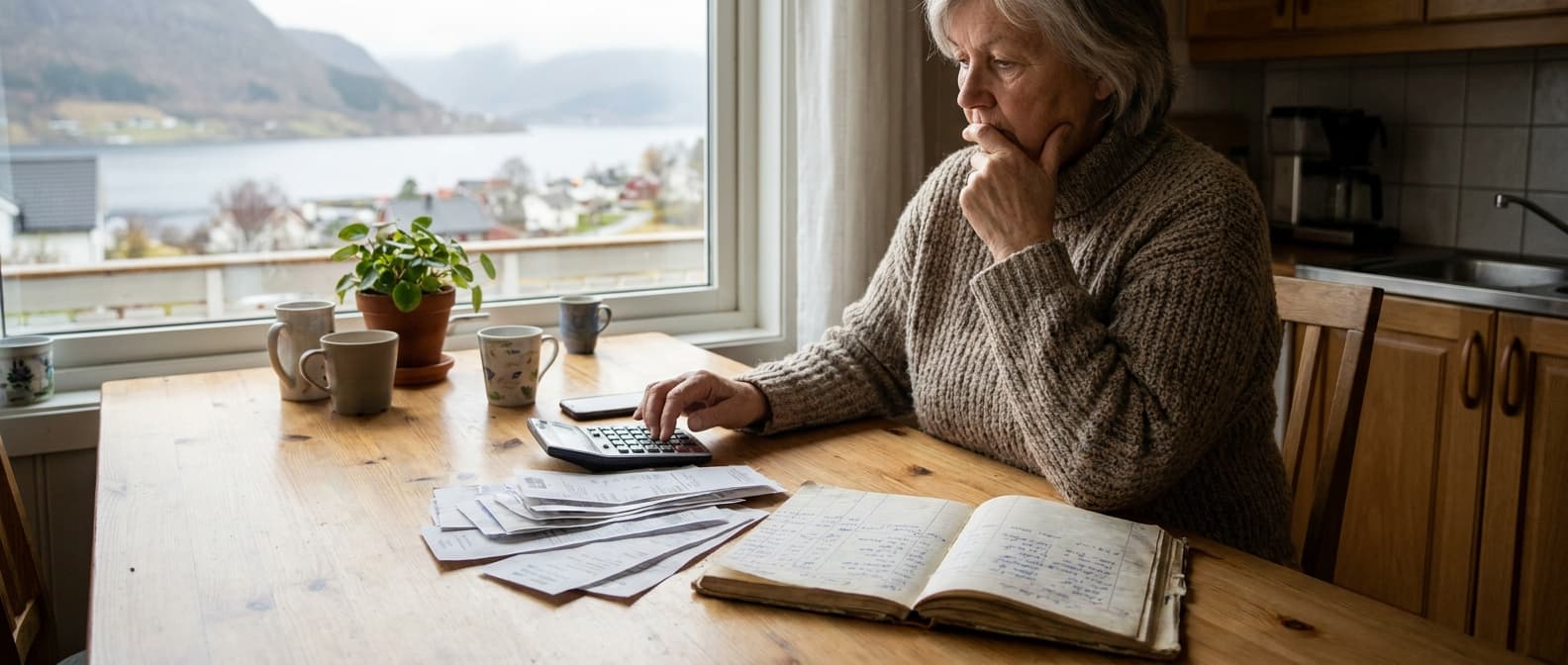 Kalkulator og regningsbunke som viser beregning av et lite lån