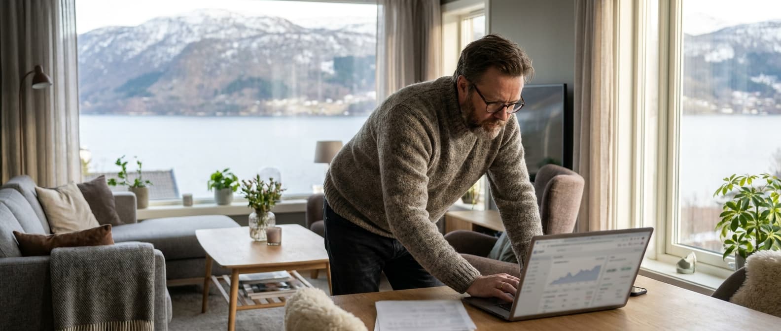 Person sammenligner høyrentekontoer på laptop