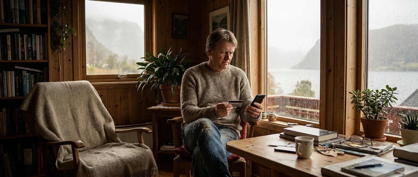 Ung person som vurderer økonomi og kredittkort på laptop