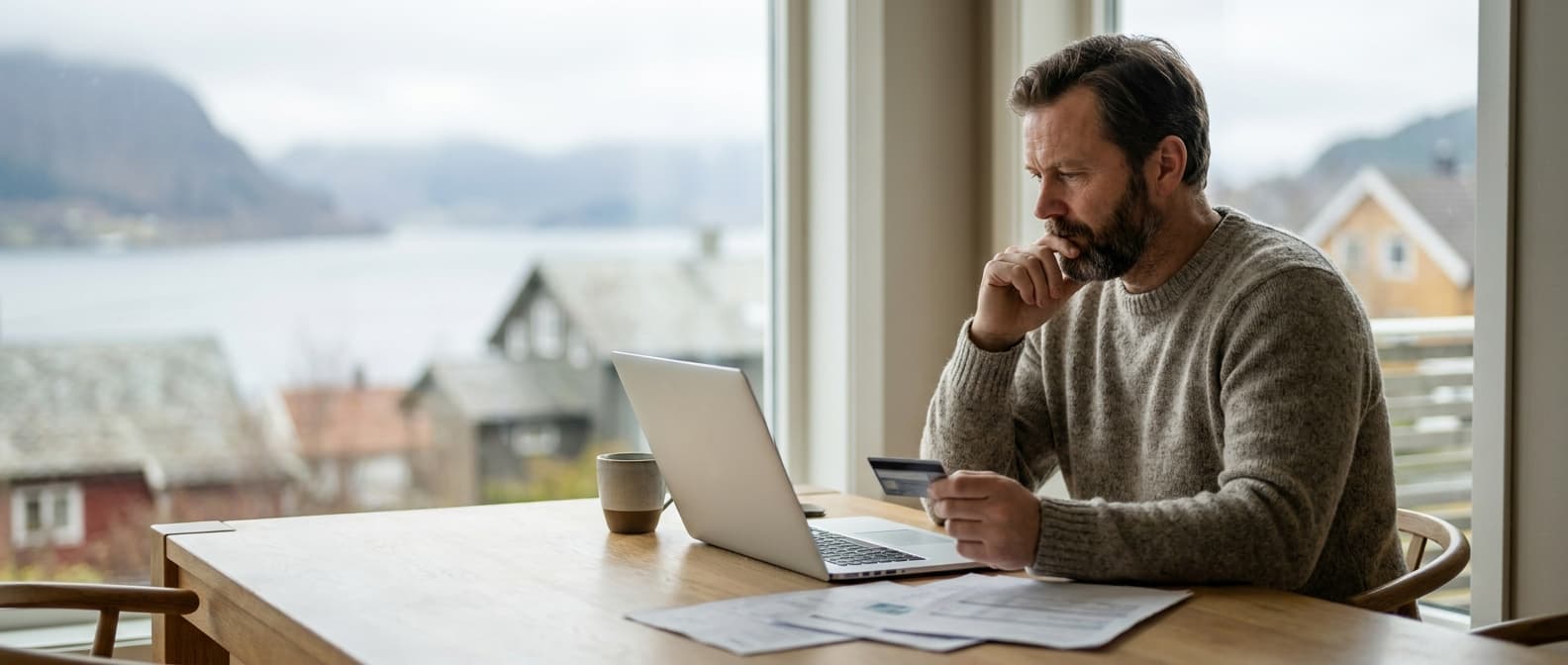 Ung voksen som vurderer kredittkort på laptop