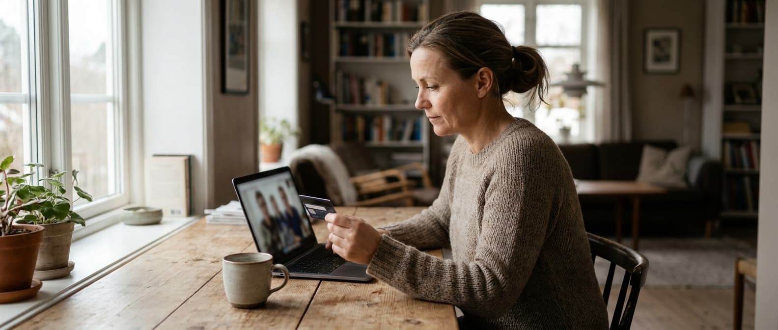 Person som sammenligner kredittkortvilkår og kostnader på laptop
