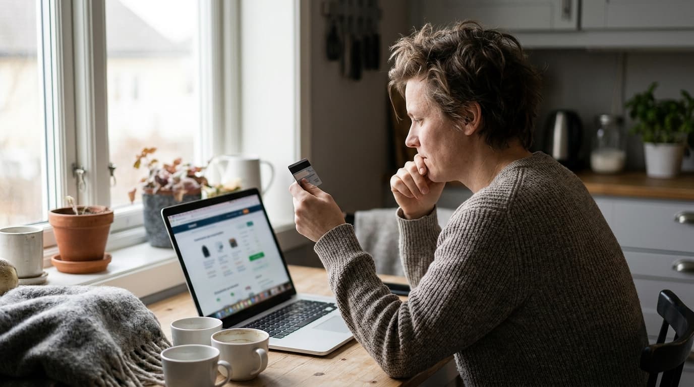 Person som sammenligner kredittkorttilbud på laptop