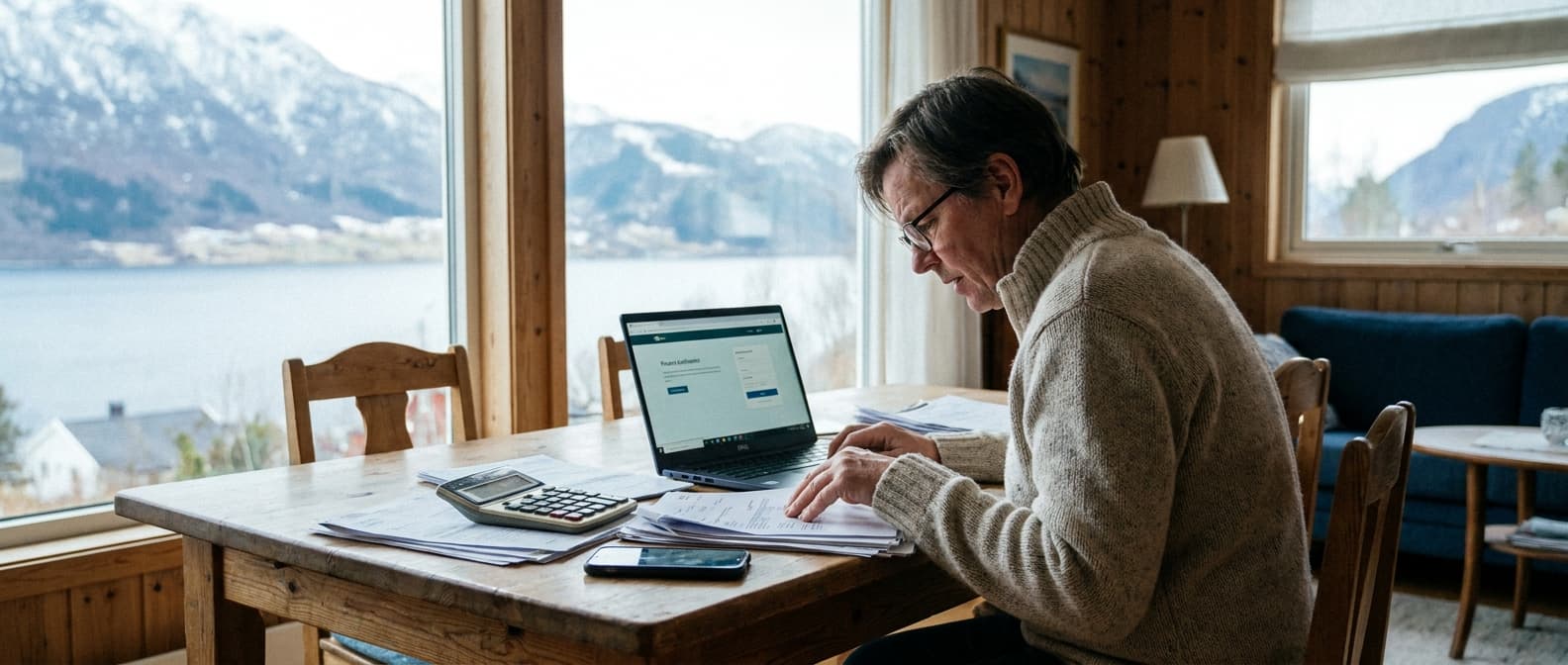 Person som leser gjennom papirer med kalkulator og mobil