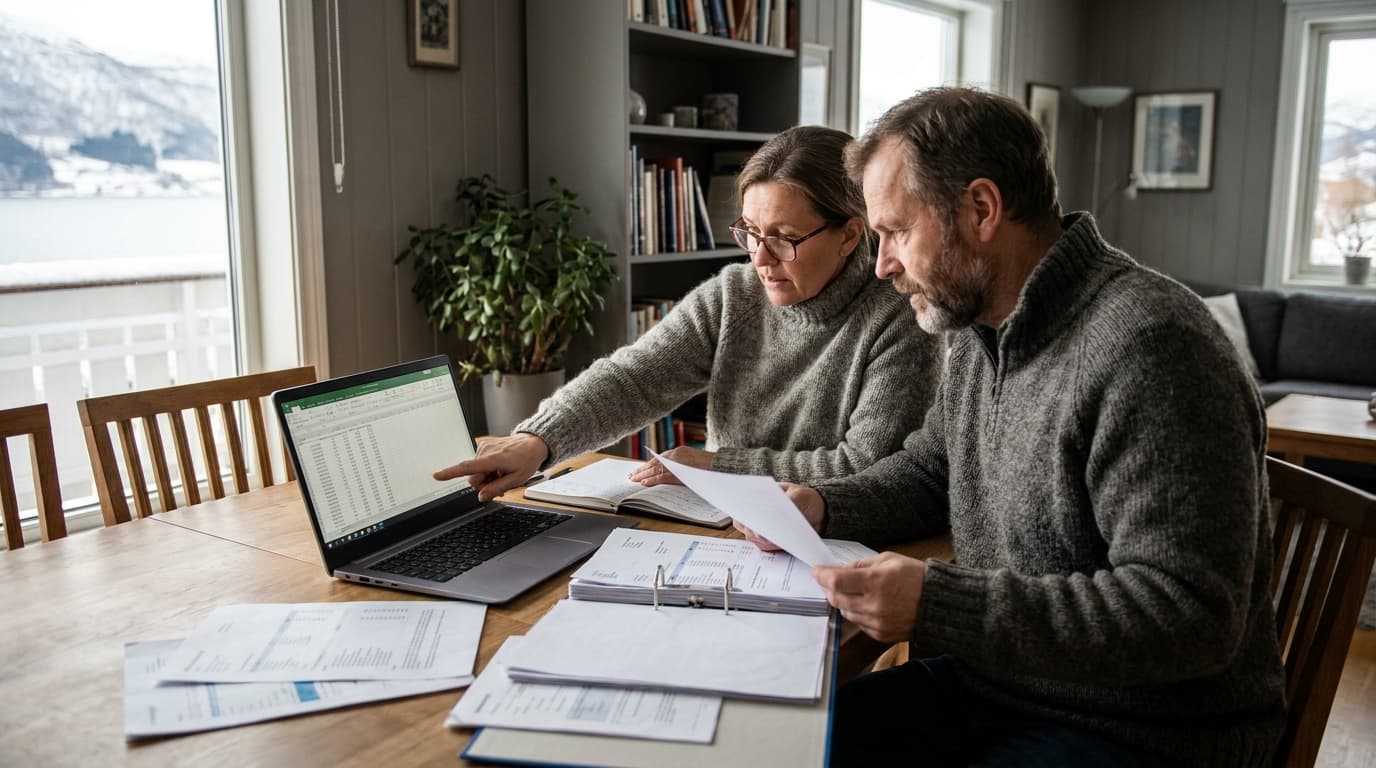 Person som sammenligner lån på laptop med notater