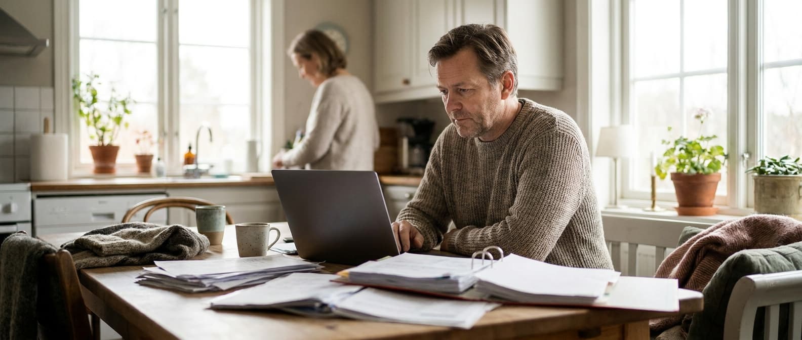 Person ved kjøkkenbordet som leser gjennom lånedokumenter
