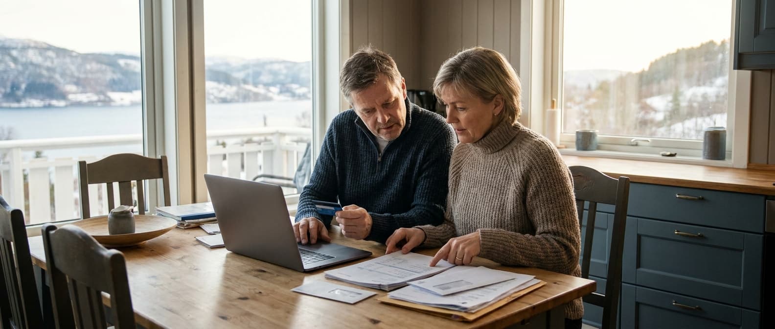 Person med kredittkort som vurderer refinansiering på laptop