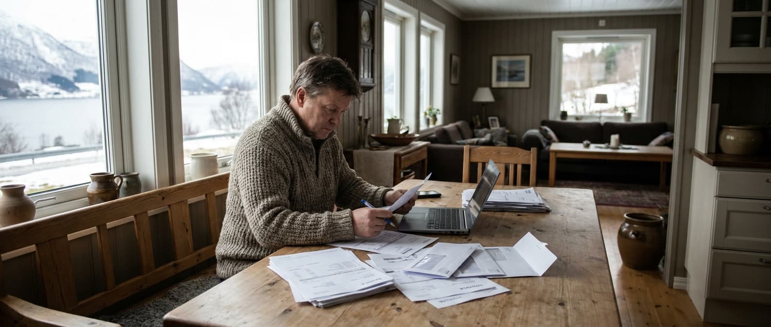 Person som sorterer flere små lånefakturaer ved kjøkkenbordet