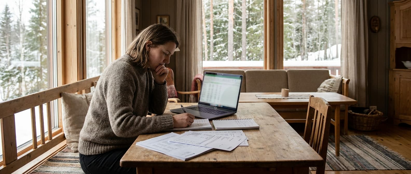 Person som noterer gjeldsoversikt ved siden av laptop
