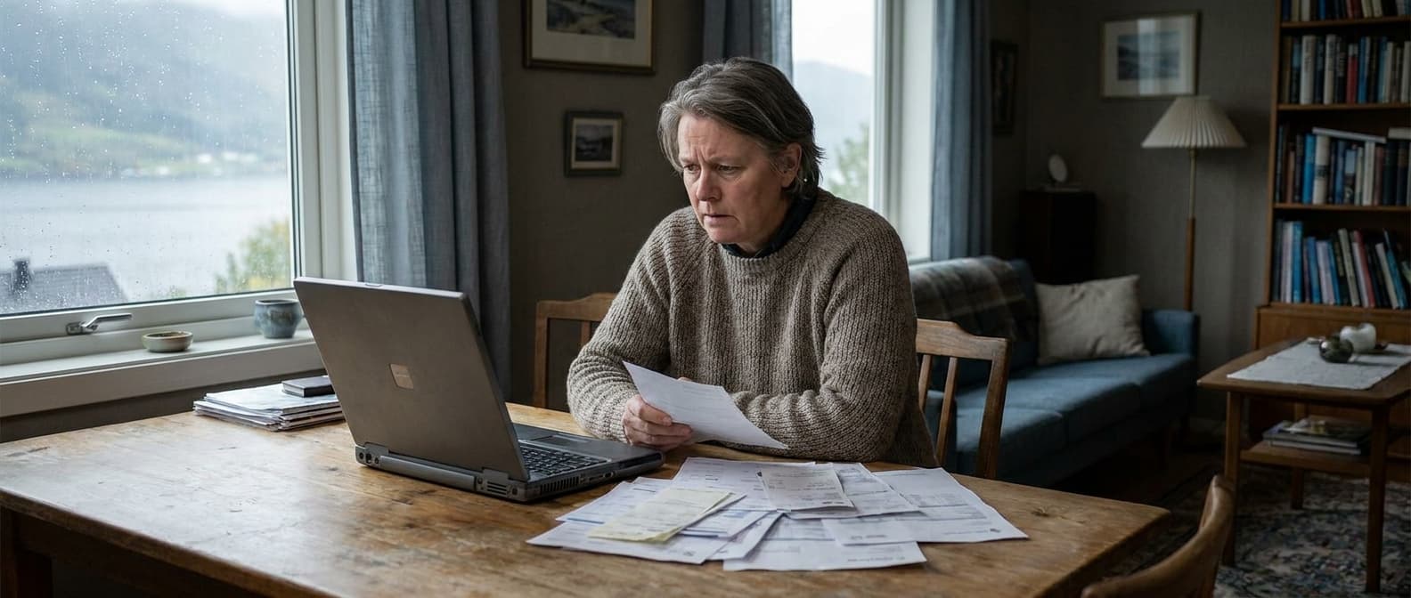 Person som ser bekymret på økonomiske dokumenter