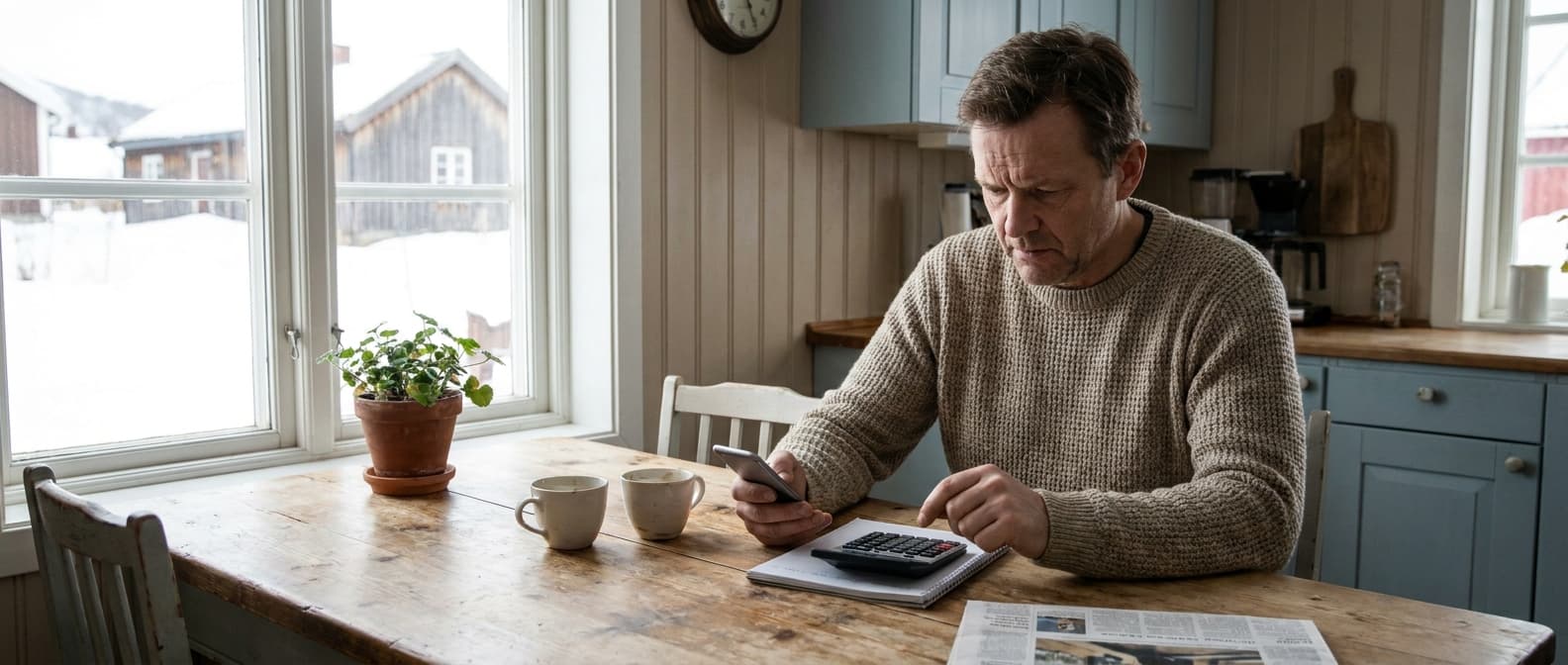 Person som regner på kostnaden ved et smålån på kjøkkenbordet