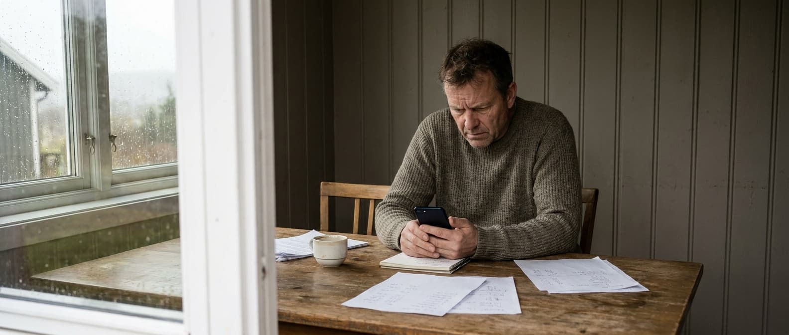 Person med mobil på bordet og notater med tall