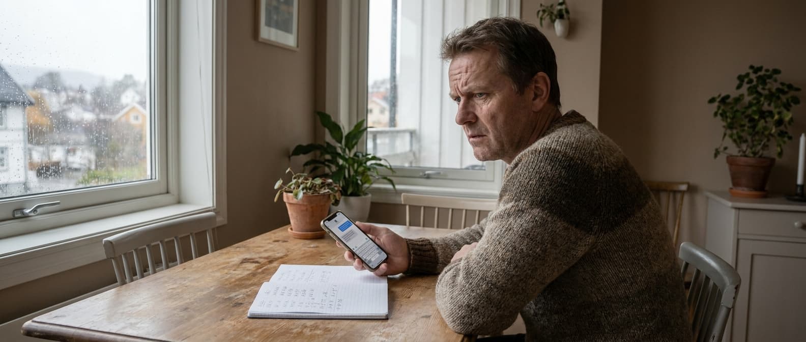 Mobil på bordet med tekstmelding og notisbok med tall