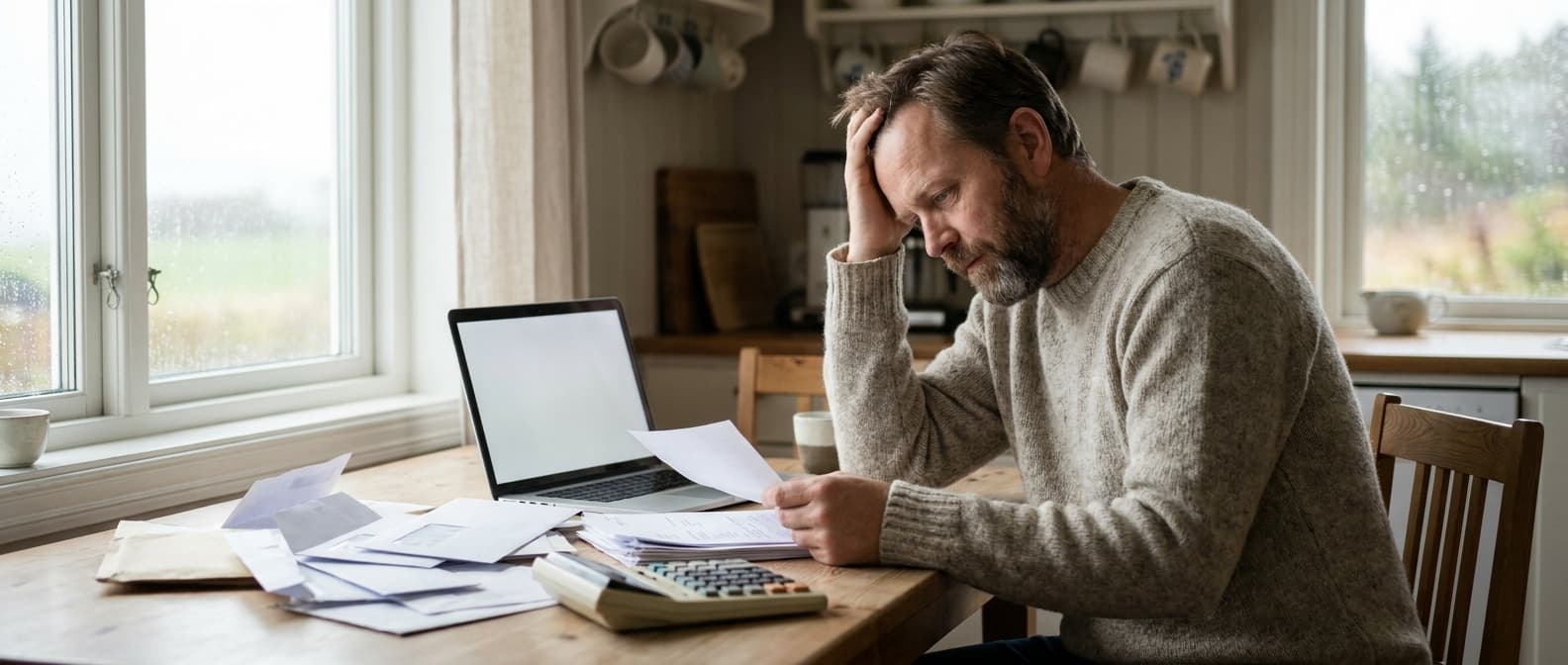 Person med regninger og kalkulator ved kjøkkenbord